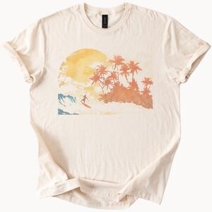Tropical Sun Surfing Wave Graphic Tee Retro Beach Art Design